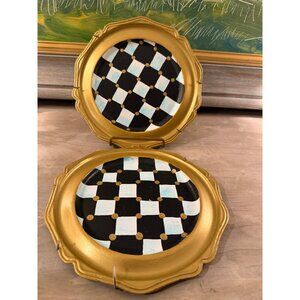 Set of 2 MacKenzie-Childs Style Checkered Decorative Plates Gold Rim Black White